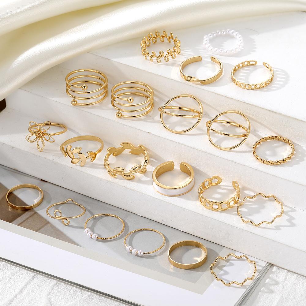 2023 Anello Moda Foglia Goccia Spirale Perla Set da 21 Pezzi Anello Intrecciato Foglia Oro Set da 11 Pezzi Gioielli Ragazze Studentesse Lusso Festa Elegante Glamour Sexy