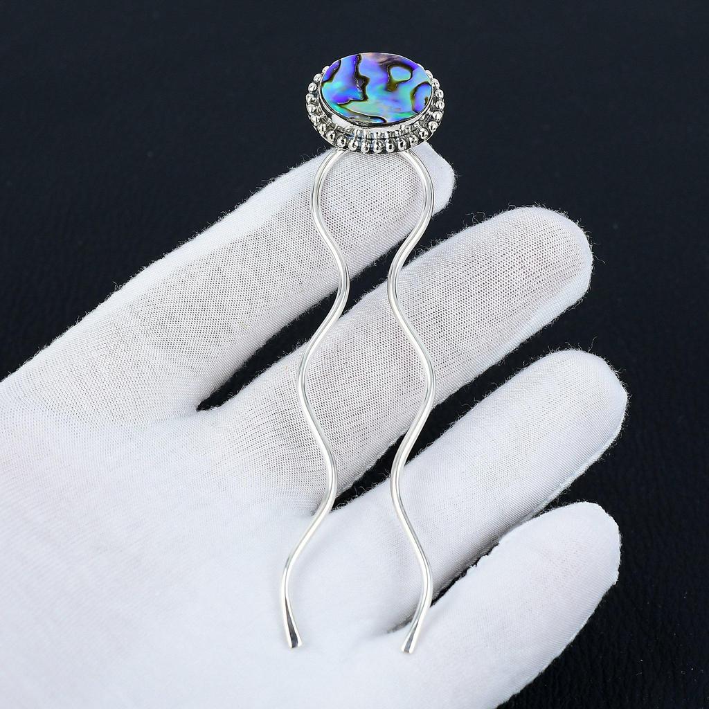 Abalone-Muschel Natur Edelstein Handgefertigt 925 Sterlingsilber Haarforke - Braut-Accessoire, Dutt-Halter für dünnes und dickes Haar, Geschenke für sie