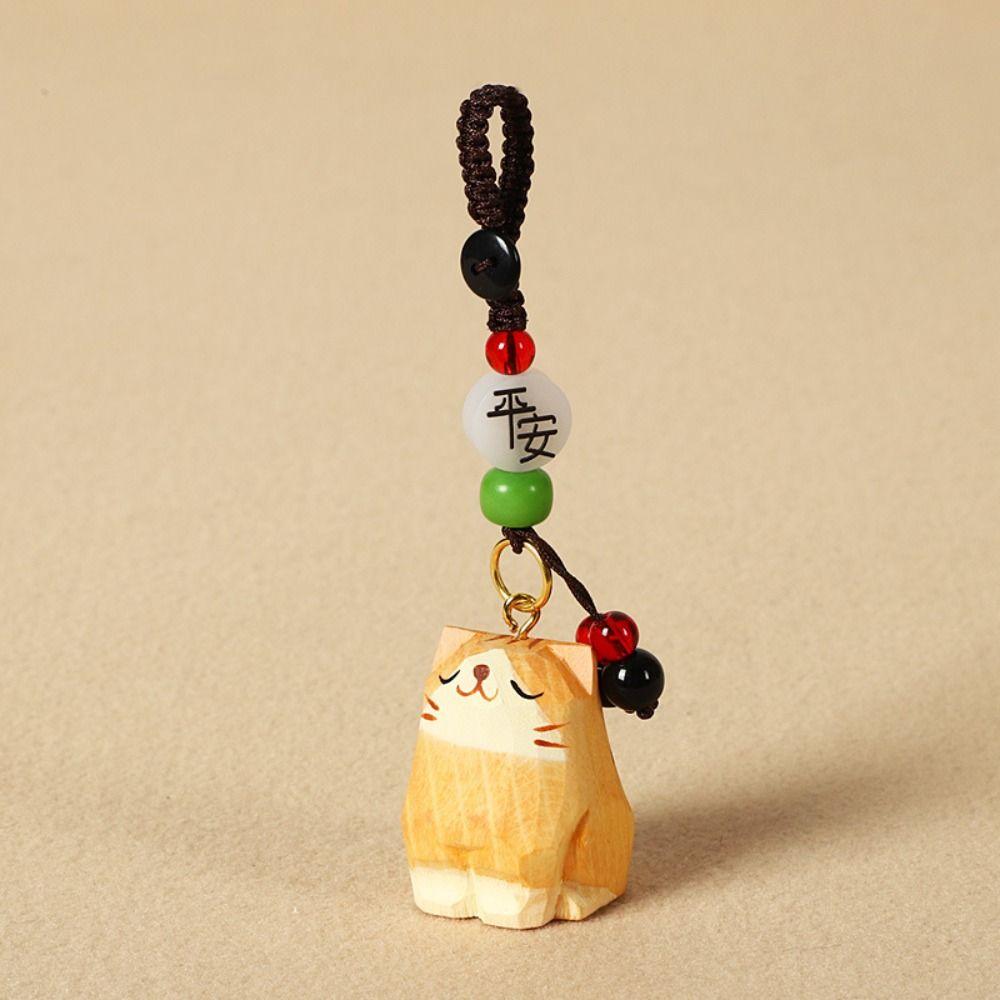 Beads Wooden Carved Cat Keychain Weave Rope Car Keyring Funny Wood Kitty Dolls Pendant Students
