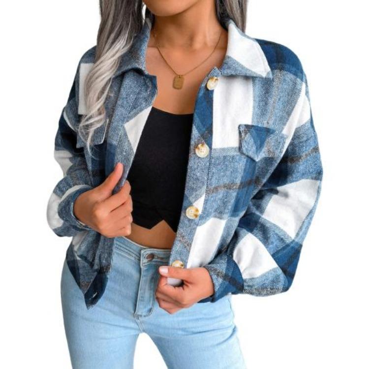 Women Loose Jacket Contrast Color Plaid Print Turn Down Collar Single Breasted Fake Pocket Long Sleeves Fall Spring Commuting