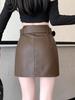 Vintage Pu Leather Skirt for Women Spring Autumn High Waist A- Line Package Hip Shorts Skirt Y2k Korean Fashion Clothing