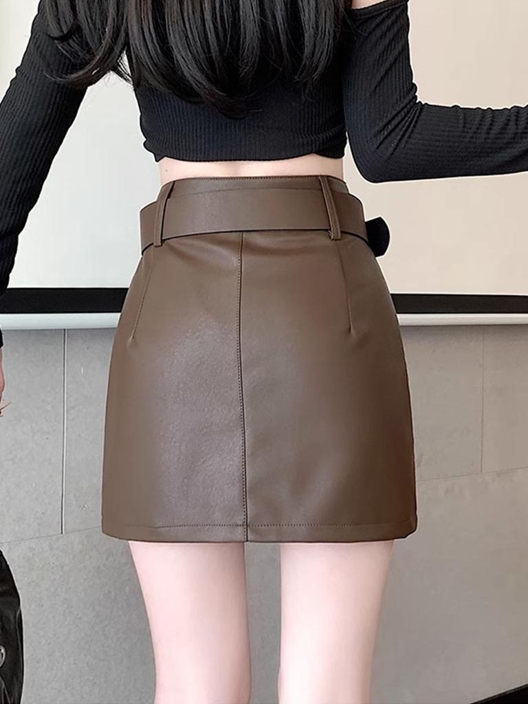 Vintage Pu Leather Skirt for Women Spring Autumn High Waist A- Line Package Hip Shorts Skirt Y2k Korean Fashion Clothing