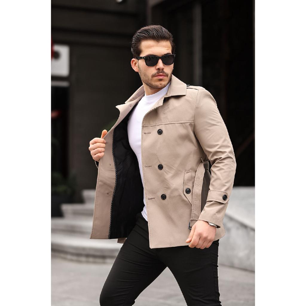 Men's Black Seasonal Lined Belted Double Breasted Trench Coat