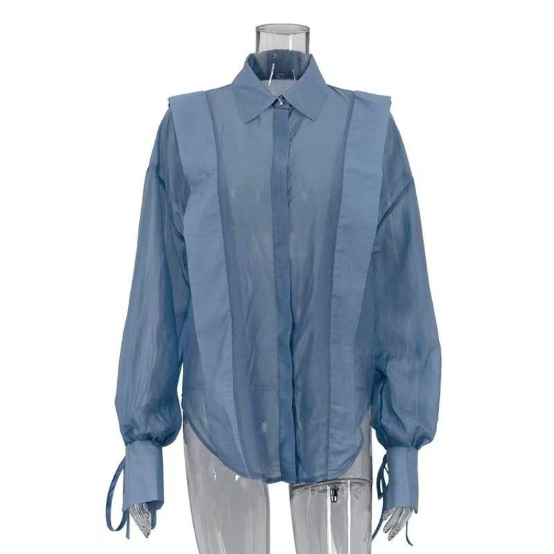 

Модный стиль Лацкан Защита от солнца Рубашка Стильная Прозрачная Рубашка с рукавами-фонариками Сексуальная Особая Рубашка Blue S