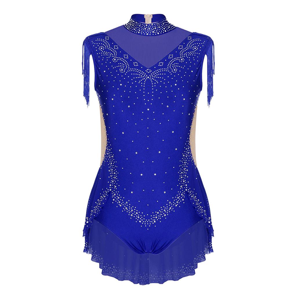 Mädchen Glitzernde Strasssteine Tanz-Body Stehkragen Ärmellos Unsichtbarer Reißverschluss hinten Durchsichtiges Mesh Patchwork Einteiler