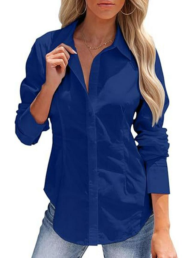 Women s Long Sleeve Button-Down Shirt - Solid Color, Versatile Office Style (2025) S