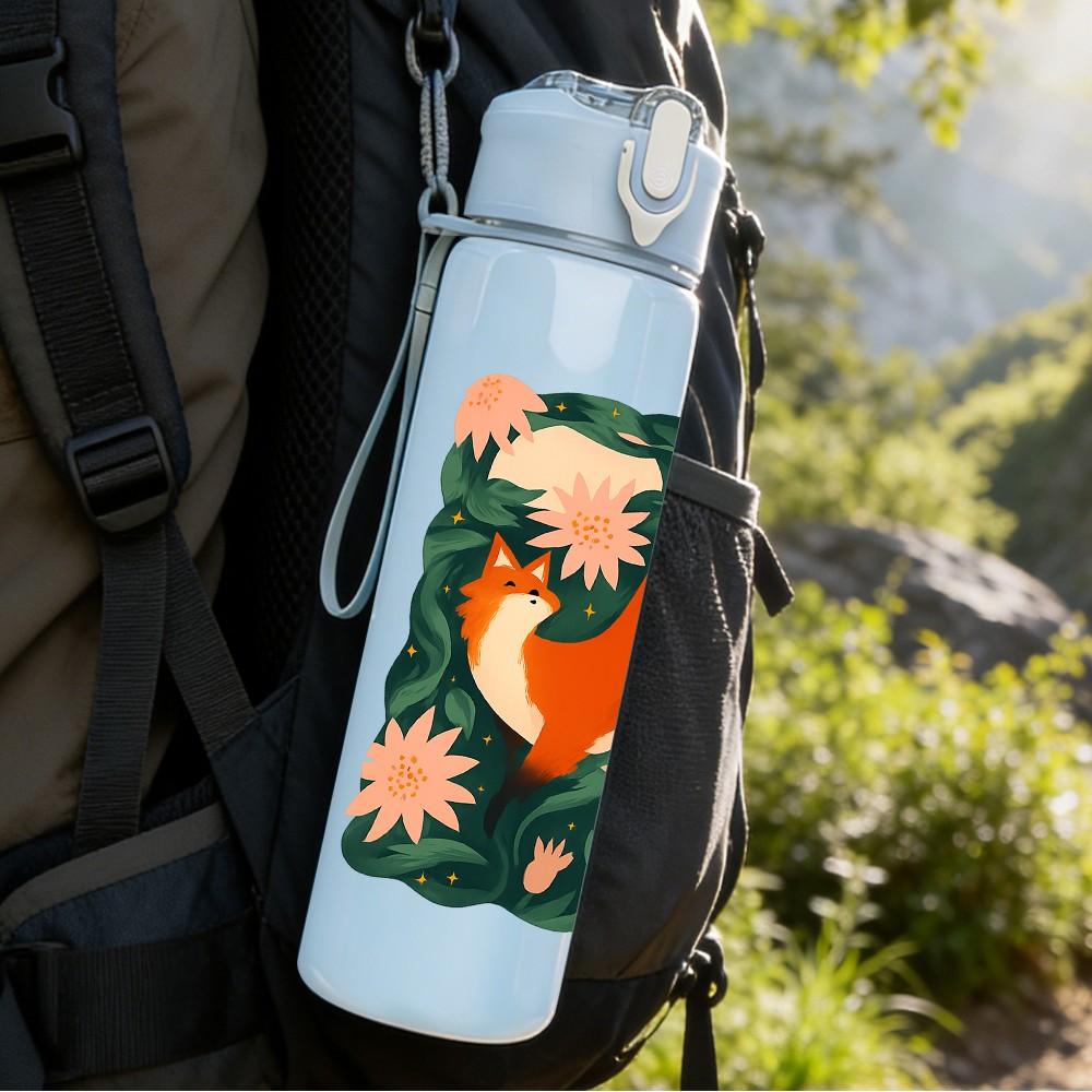 1PC Square Floral Fox Art 750ml Color Plastic Sports Water Bottle Leakproof Flip Straw Lid Suitable for Sports Office Home Use