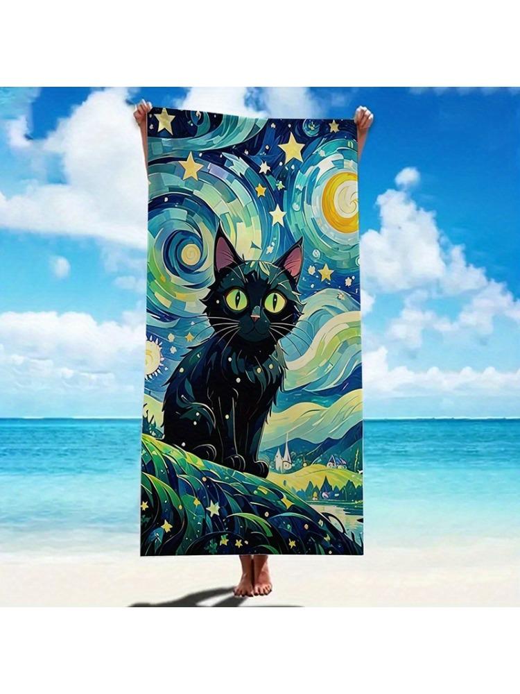 

1pc Van Gogh Starry Night Cat Beach Towel - Quick-Dry Microfiber, Absorbent & Lightweight for Beach, Pool, Yoga, Camping W30*H60(CM)