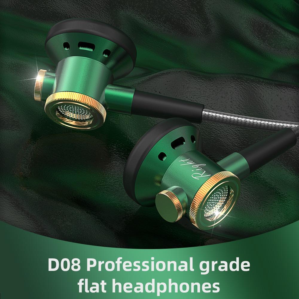 D08 Metal HiFi 3.5mm/Type-C In Ear Wired Earphone Flat Head Headsets With Mic Clear Sound Bass Headphones For Sports Music Gamer