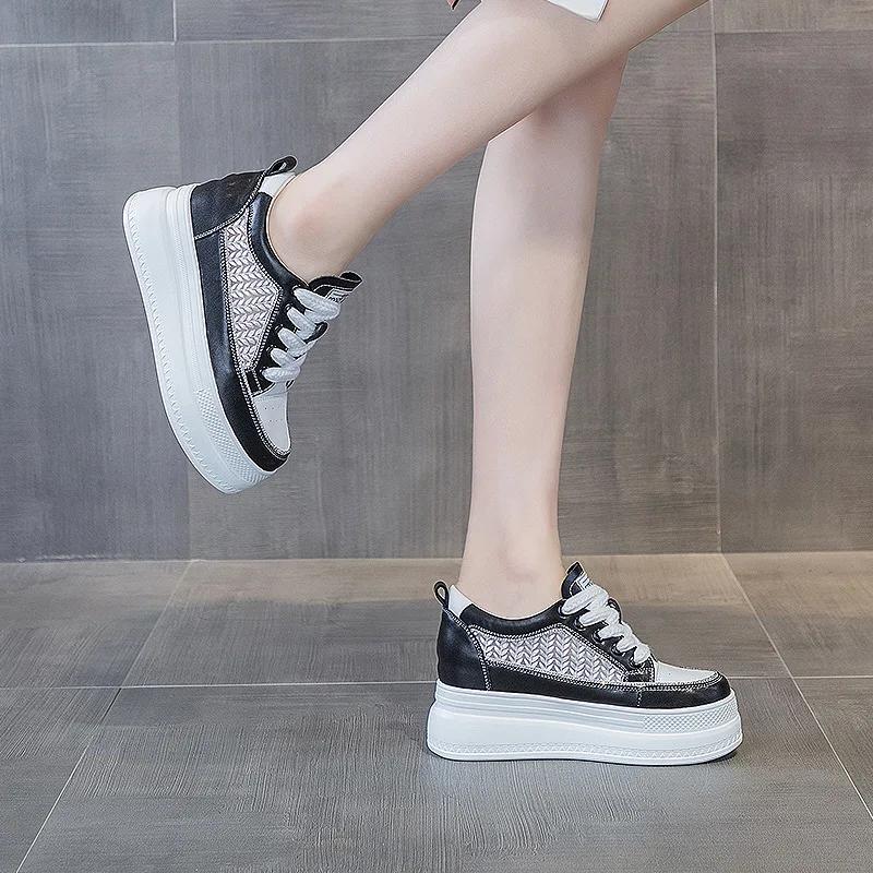 8cm Air Mesh Cow Genuine Leather Hidden Heels Women Platform Chunky Sneakers High Brand Shoes Vulcanize Summer Breathable