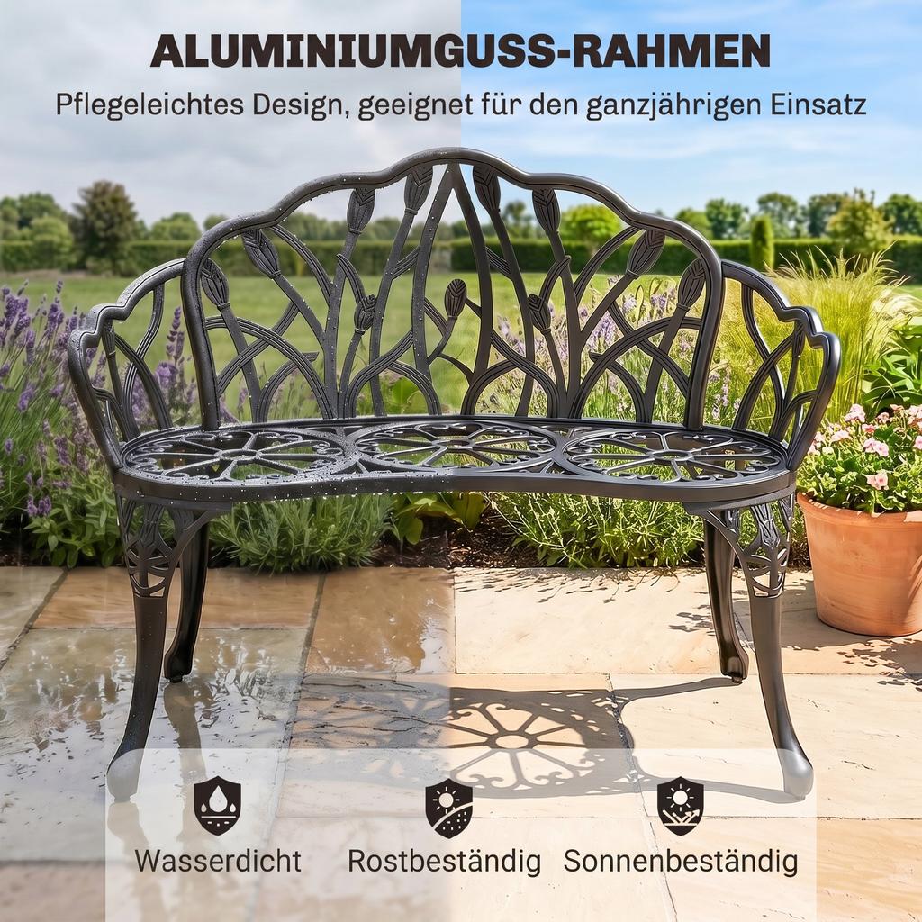 Garden Bench, 2-Seater, Cast Aluminum, Outdoor Bench with Tulip Backrest, Floral Motif