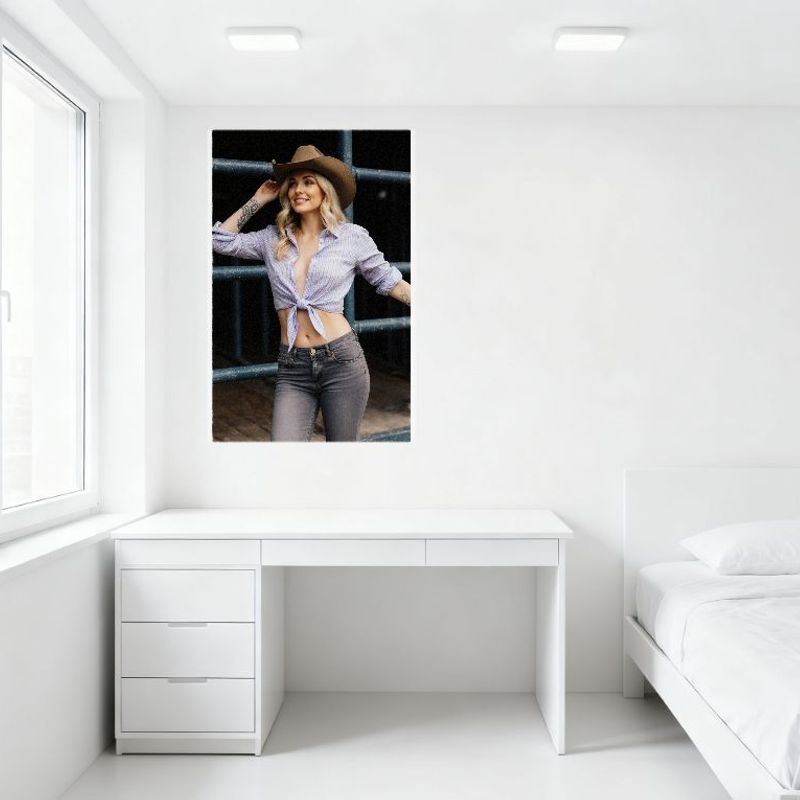 Sexy Blonde Cowgirl Tin Sign - Western-Inspired Rustic Industrial Style Metal Poster with Tied Shirt & Tattoos for Bar Home Wall