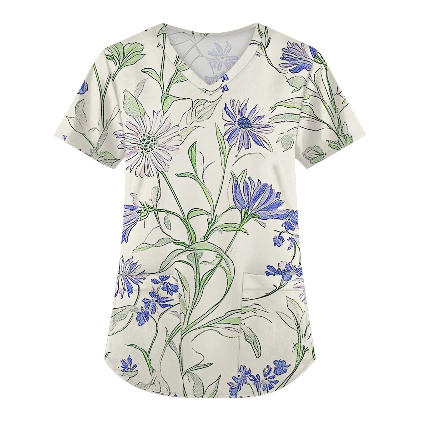 

Женская мода с коротким рукавом и V-образным вырезом с карманами и цветочным принтом Топы Одежда L синий