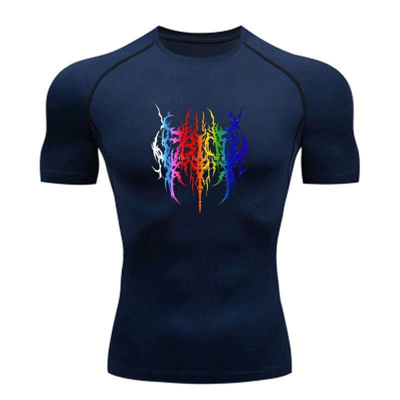 Men's Quick Dry Compression Fitness T-Shirt, Rainbow Gradient Brutal Thorn Pattern Athletic Breathable Stretchy Workout Top for Gym Running Training S