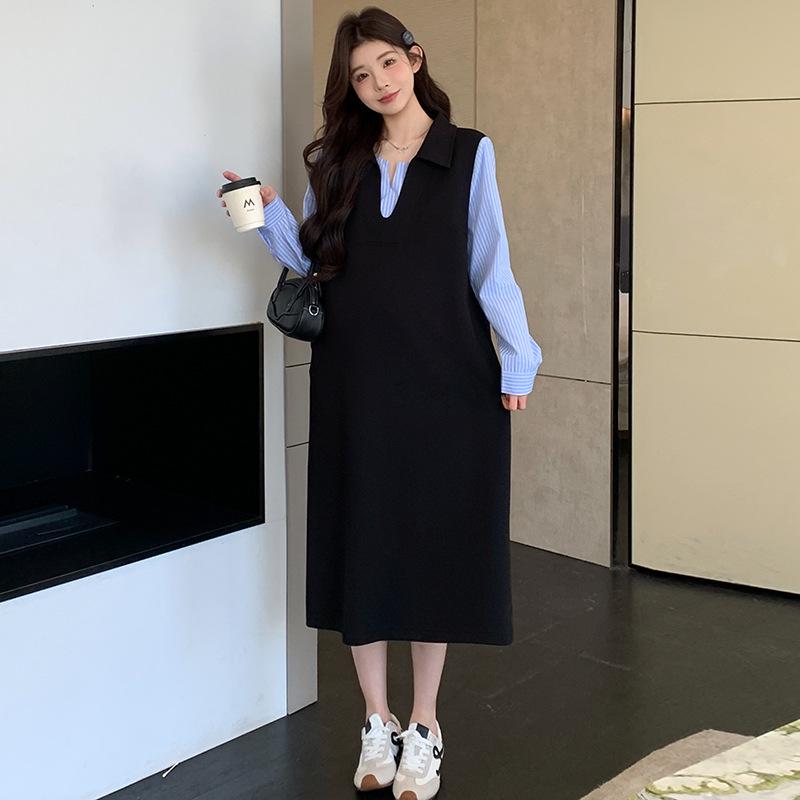2026 Spring Elastic Patchwork Stripe Long Dress M