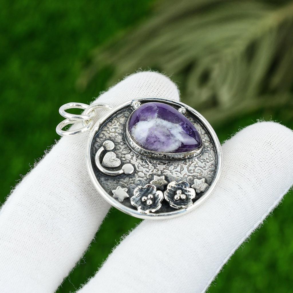 Gift For Her 925 Sterling Silver Natural Chevron Amethyst Gemstone Pendant