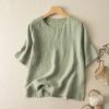 Plus Size Cotton Linen Short Sleeve T-Shirt Women's Retro Summer Loose Casual Shirt Crew Neck Tops