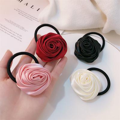 French Satin Rose Flower Scrunchies Hair Tie for Women Girls Korean Sweet Floral Ponytail Elastic Hair Band Head Rope Headdress