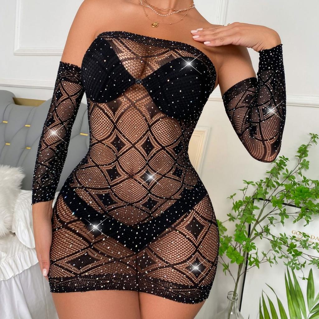 TZ130 European and American hot diamond sex underwear shiny gypsy diamond hip skirt sleeves net coat
