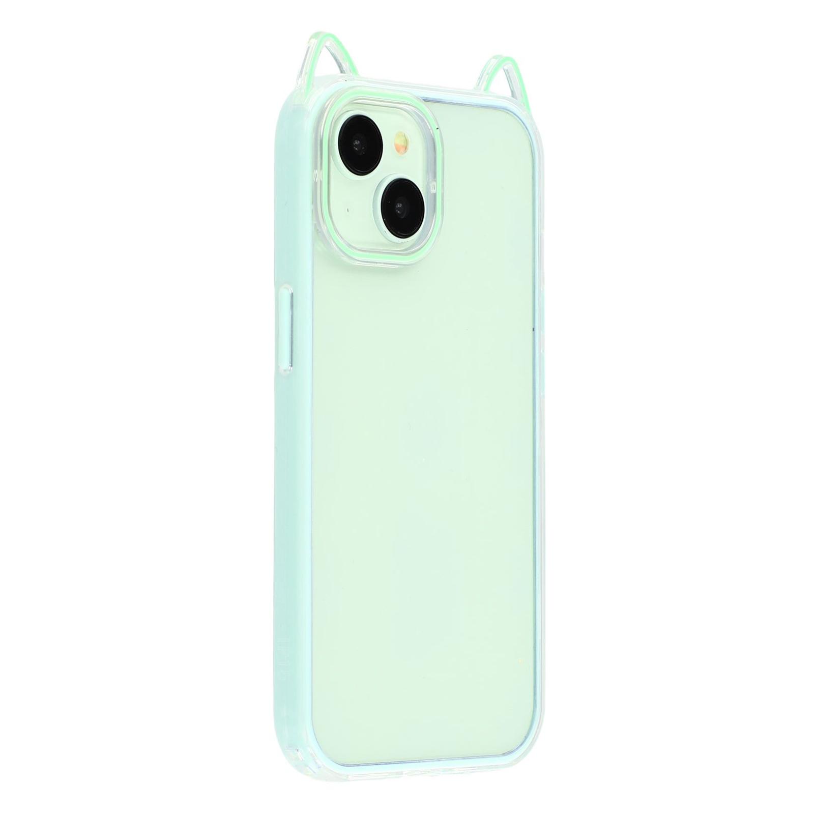 

For iPhone 15 Case Cat Ear Design TPU+Acrylic Clear Phone Back Cover Green