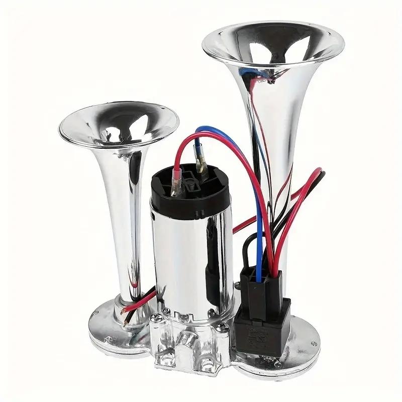 12V Horns, Chrome Zinc Single Trumpet Truck Air Horn with Compressor for Any 12V Vehicles Trucks Lorrys Trains Boats Cars