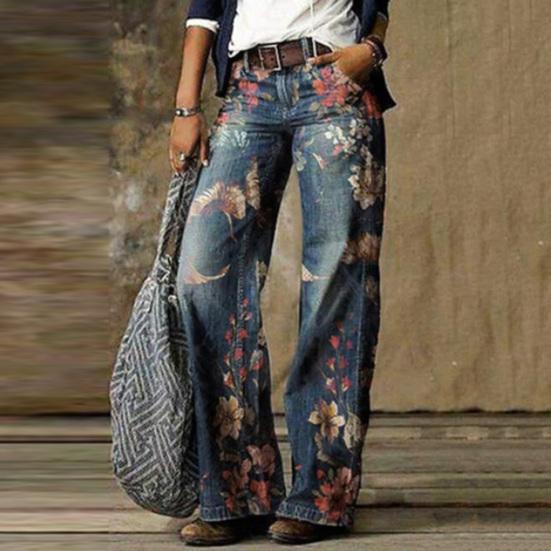 Damen Retro High Waist Wide Leg Floral Print Lange Lockere Jeans Hosen