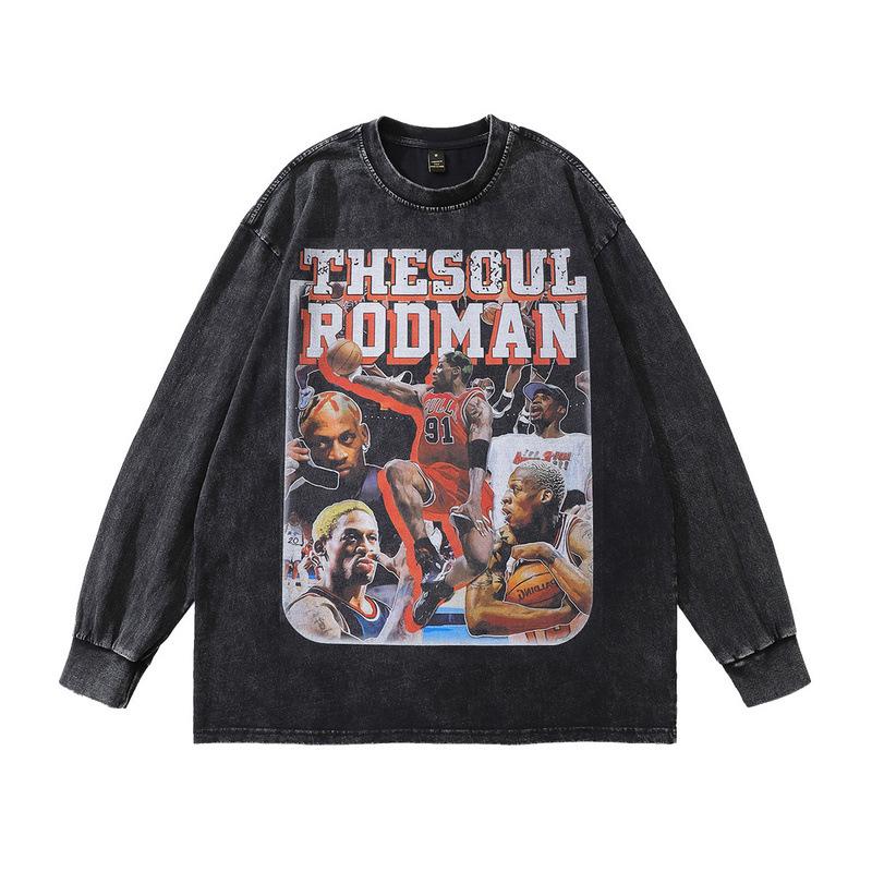 American High Street Heavy Long-Sleeved T-Shirt Men'S And Women'S Autumn And Winter Loose Retro Printed Vintage Top
