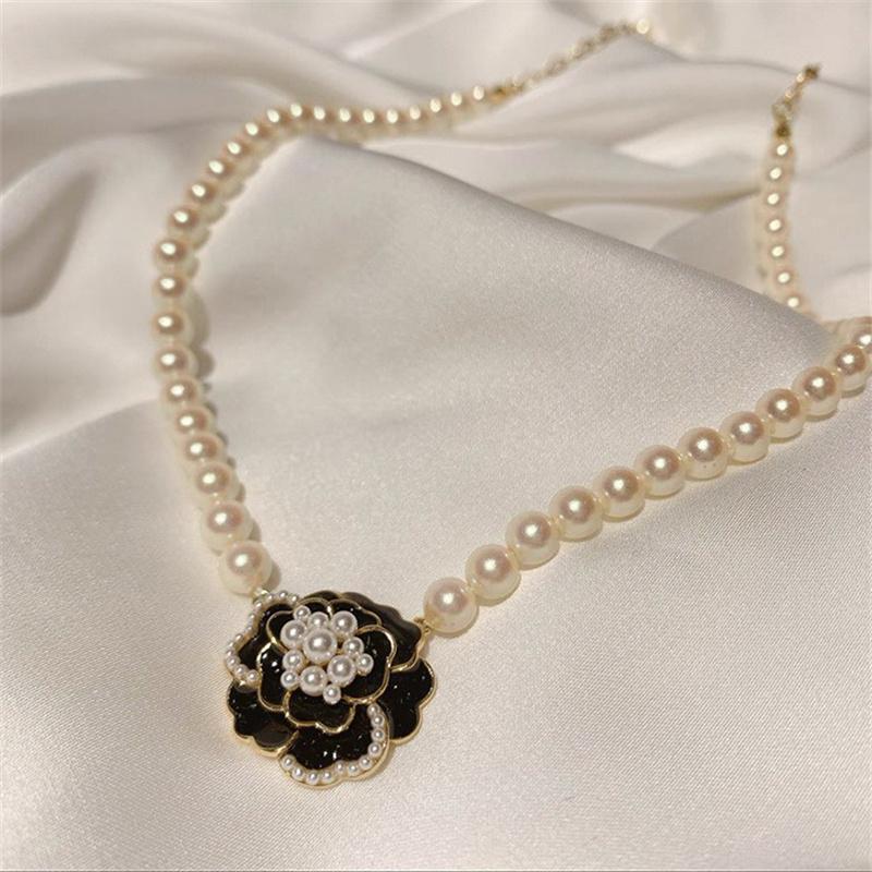 

Элегантное ожерелье-подвеска с жемчугом и камелией для женщин, винтажное милое ожерелье-цепочка на ключицу с цветком, праздничное ювелирное украшение, подарок