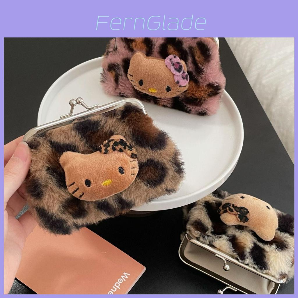 Fashion Hello Kitty Doll Decoration Leopard Pattern Plush Wallet For Travel And Casual Use