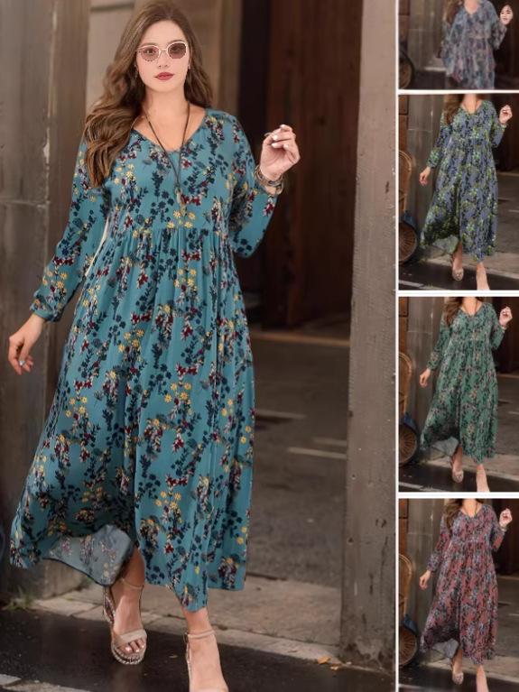 

Women s Floral Print Round Neck Long Sleeve Maxi Dress - Versatile, Slimming, Loose Fit 5XL