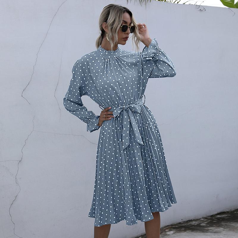 YYFS Women's Vintage Polka Dot Print Long Sleeve Slim Casual Dresses