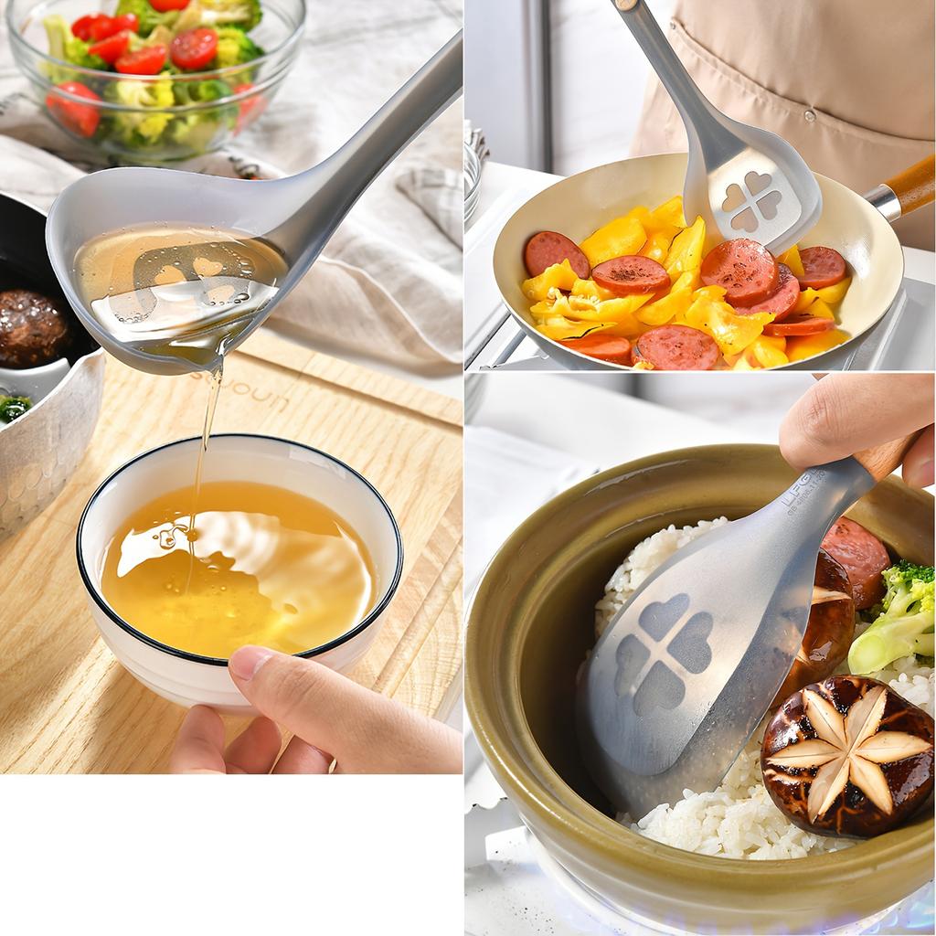 Silicone Kitchen Utensils Non Stick Spatula Pattern Soup Spoon Rice Scoop Beech Wood Handle Semi Transparent Steel Core Heat-Resistant Cooking Tool