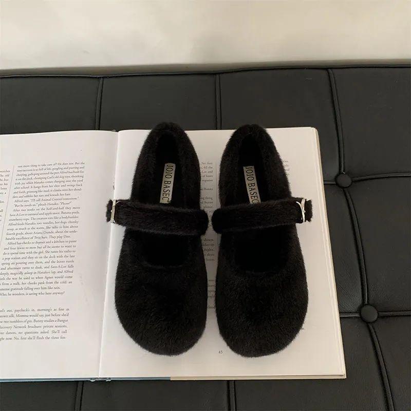 Korean Style Furry Mary Jane Flats for Women - Autumn Winter Collection in Off-White Black 40 2449₽