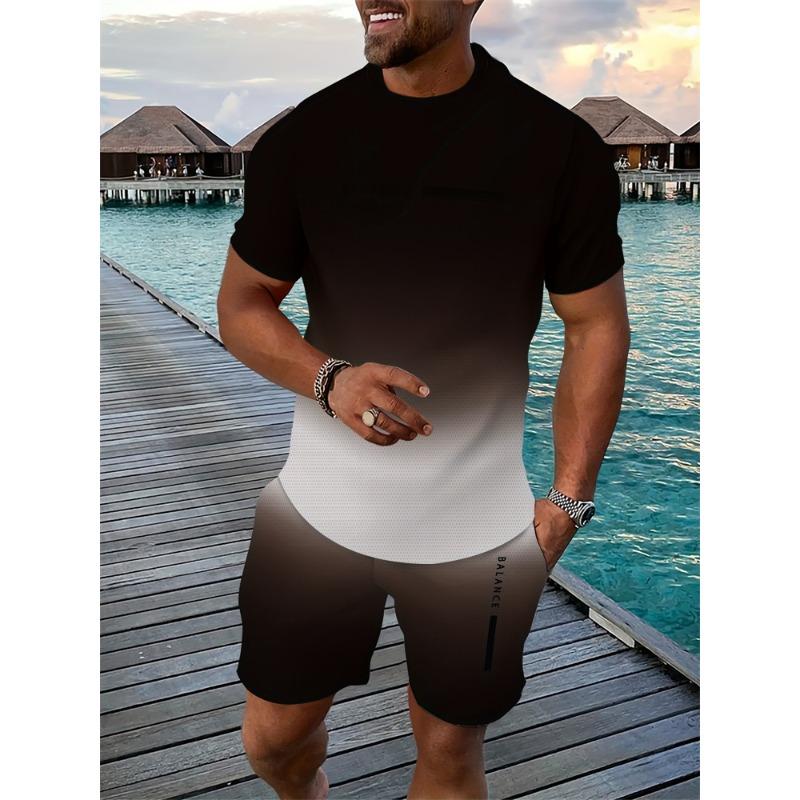 New Men's Hawaiian Two-Piece Set Beach Coconut Tree Print Crew Neck