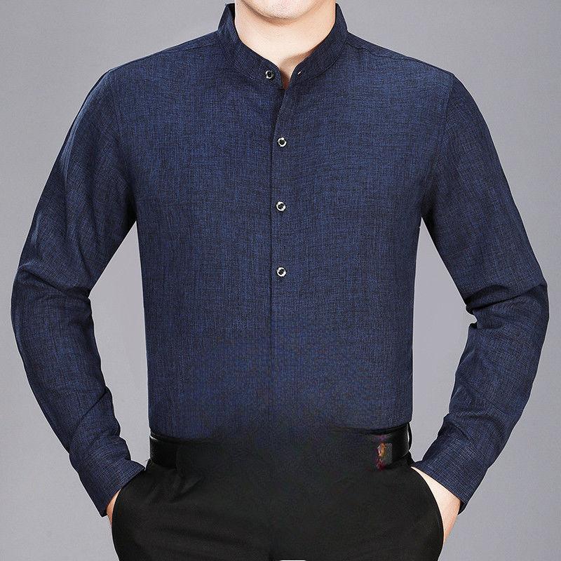 

Men s Chinese Style Shirt: Long-Sleeve Stand-Up Collar Tunic, Loose Fit for Spring and Autumn Casual Wear L темно-синього кольору