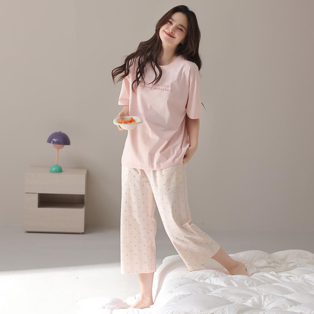 Short-sleeved Cropped Pants Pajamas Women's Spring and Summer New Pure Cotton Summer Thin Large-size Loungewear Suit