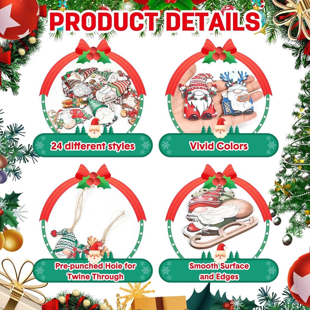 Wooden Gnome Christmas Ornaments for Xmas Tree, Gnome Christmas Decorations, Small Wood Gnomes Hanging Ornament Bulk for Mini Tree, Garland, Wreaths,