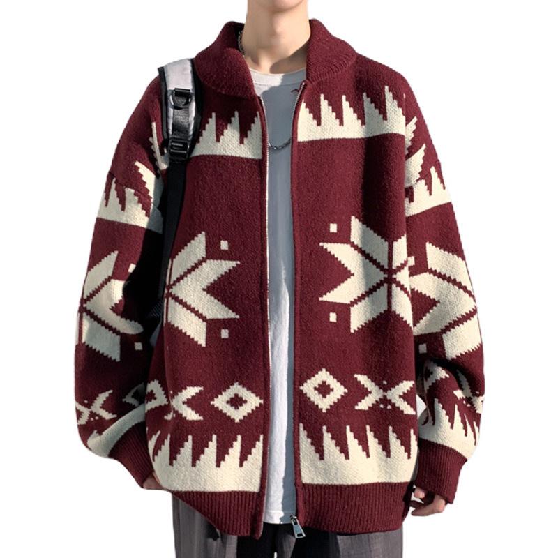 

Men s Plus Size Ethnic Diamond Knit Cardigan Sweater M вина червоного кольору