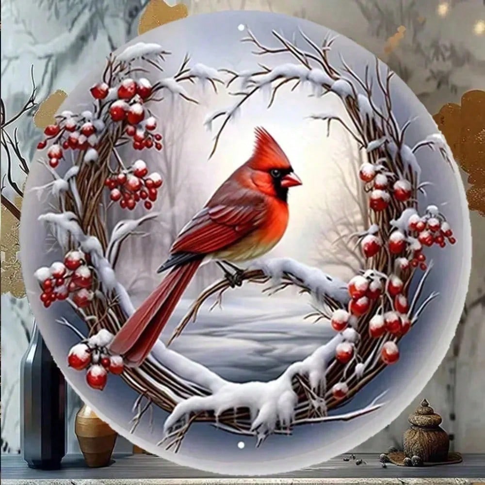 Christmas Red Grey Bird Wreath Metal Door Sign 8x8 Inch Aluminum Wall Decor Winter Home Kitchen Hanging Plaque