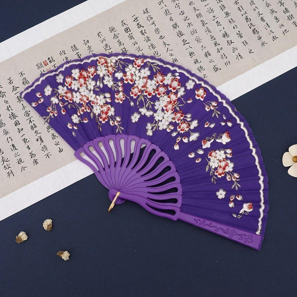 Elegent Chinese Style Plum Blossom Fan Plastic Dance Performance Props Antique Folding Fan Flower Pattern Cloth Dance Fan