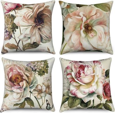 4 Stück Vintage Florale Rose Pfingstrose Bedruckte Kissenhülle Polyester Kissenbezug 2D Flach Französischer Landhausstil Dekor Jetzt