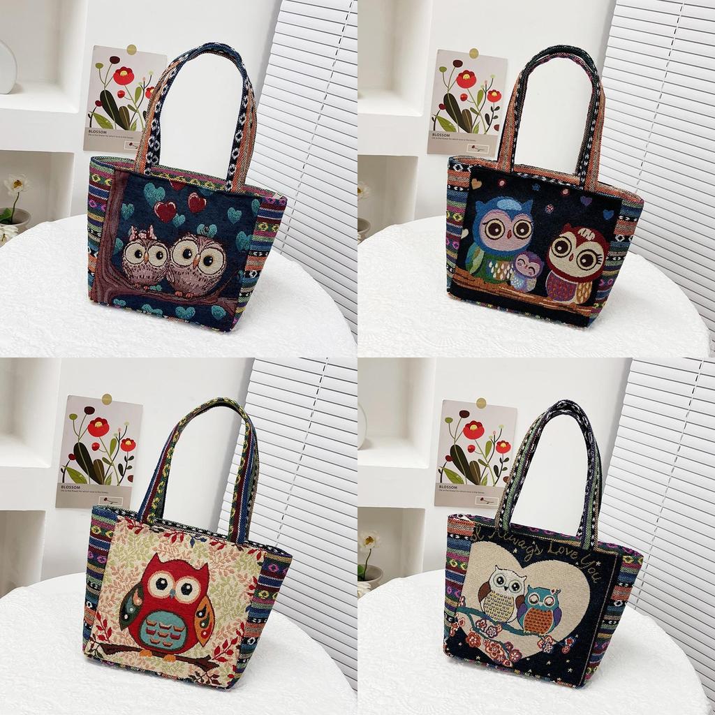 Cartoon Elephant Owl Canvas Handbag With Embroidery For Daily Casual Use
