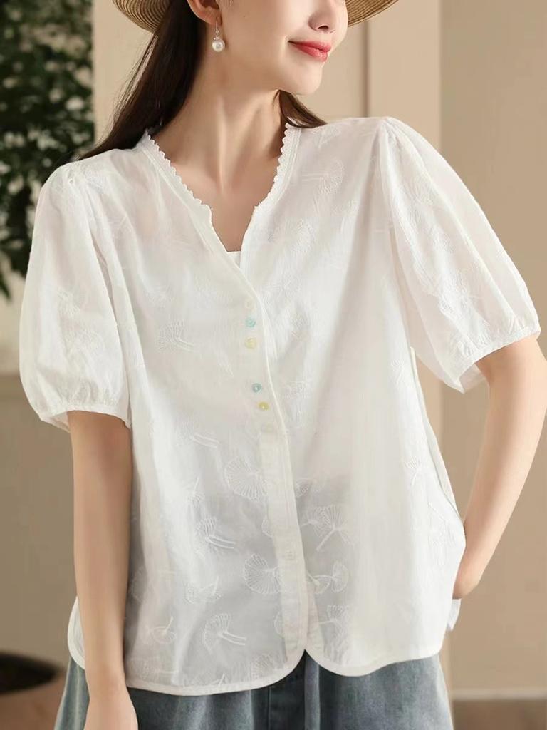 Johnature Woman Summer Fashion Embroidery Cotton Short Sleeves Shirt Chinese Style Vintage Solid Color Loose Shirt