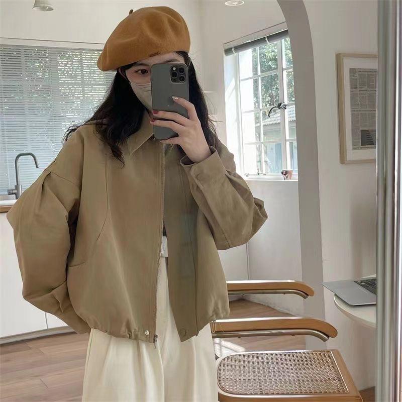 

2026 Spring Solid Color Women s Lapel Loose Short Jacket with Drawstring Hem 2XL хакі