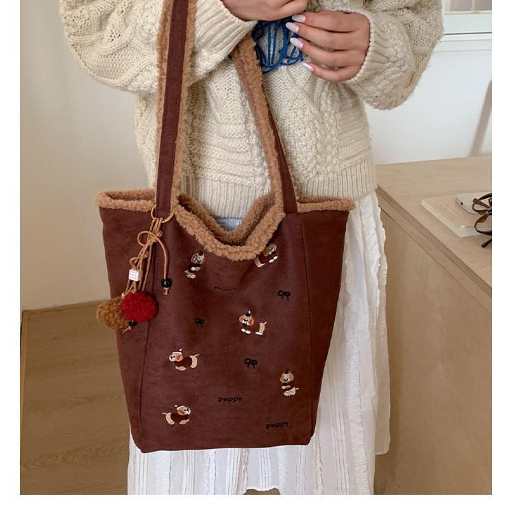 Embroidered Plush Tote Backpack - Double-Sided Design for Commuting