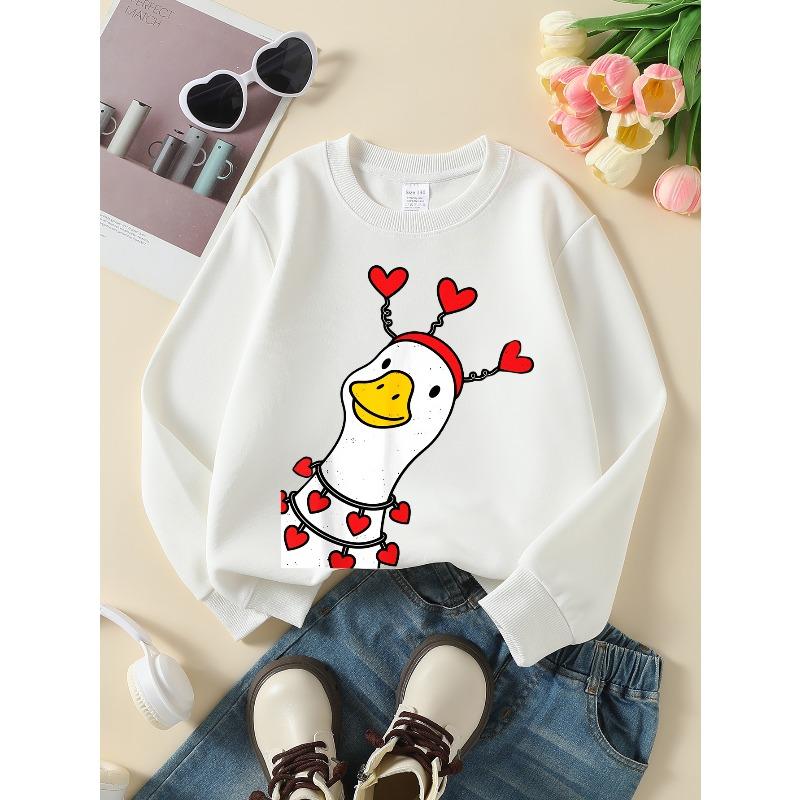 Girls' Crewneck Sweatshirt Duck with Hearts And Red Hat Machine Washable, Spring And Autumn, Sportswear And Casual Wear