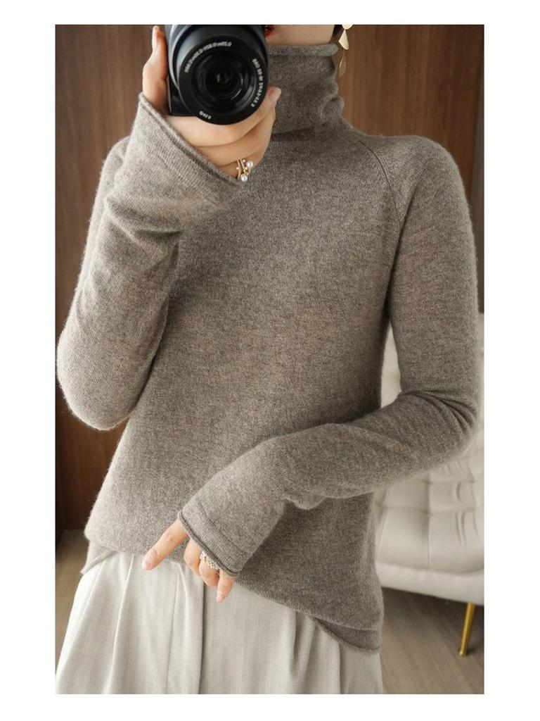 Women's High Neck Knit Sweater: Long Sleeve, Solid Color, Loose Fit, Stylish Autumn/Winter Base Layer