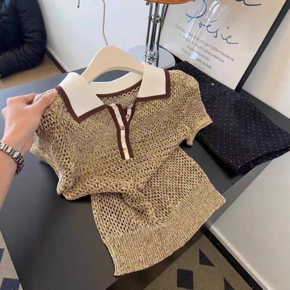 Contrasting color polo neck knitted sweater short-sleeved t-shirt women's short front shoulder hollow top summer thin light luxury high sense