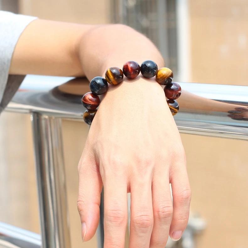 Natural Colorful Ball-Shaped Tiger Eye Bracelet with Blue Red Beads for Women Men Party Occasion Stretch Sizes 10-20mm AAAAAA