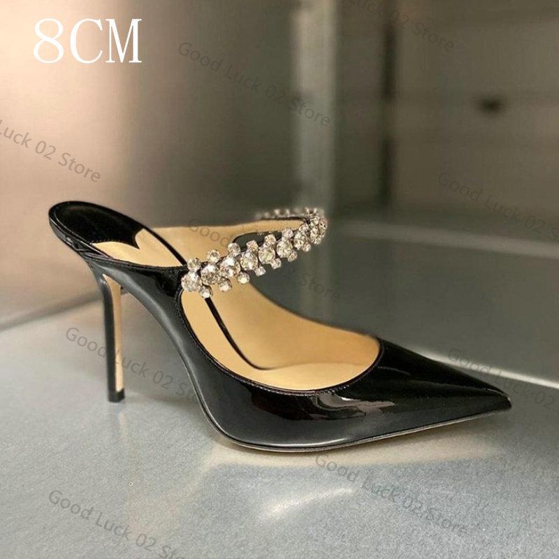 Fashion 2025 Rhinestone Patent Leather Bao Head Half Slippers New European French Wear High Heels Sandals Wedding White Sandals